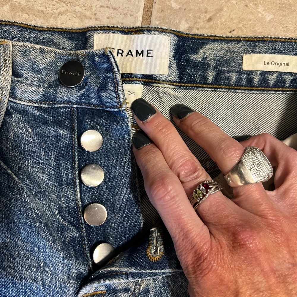 FRAME Le Original Distressed Straight Leg Jeans in Cascade Blue Rips-SZ 24 - Picture 7 of 15